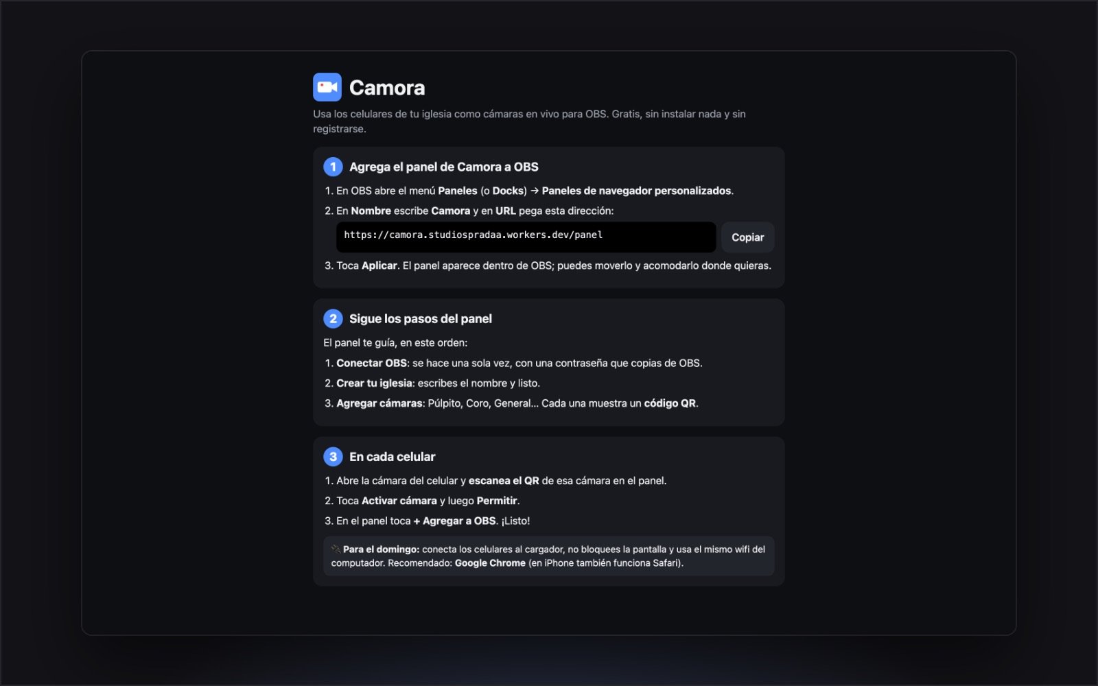Página de inicio de Camora con los pasos para conectar los celulares a OBS