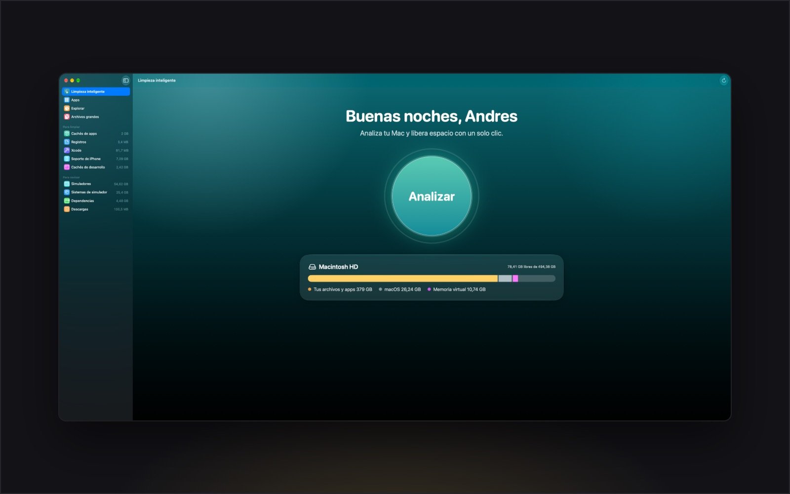 Pantalla principal de LimpiaPRO con el botón Analizar y el espacio usado del disco