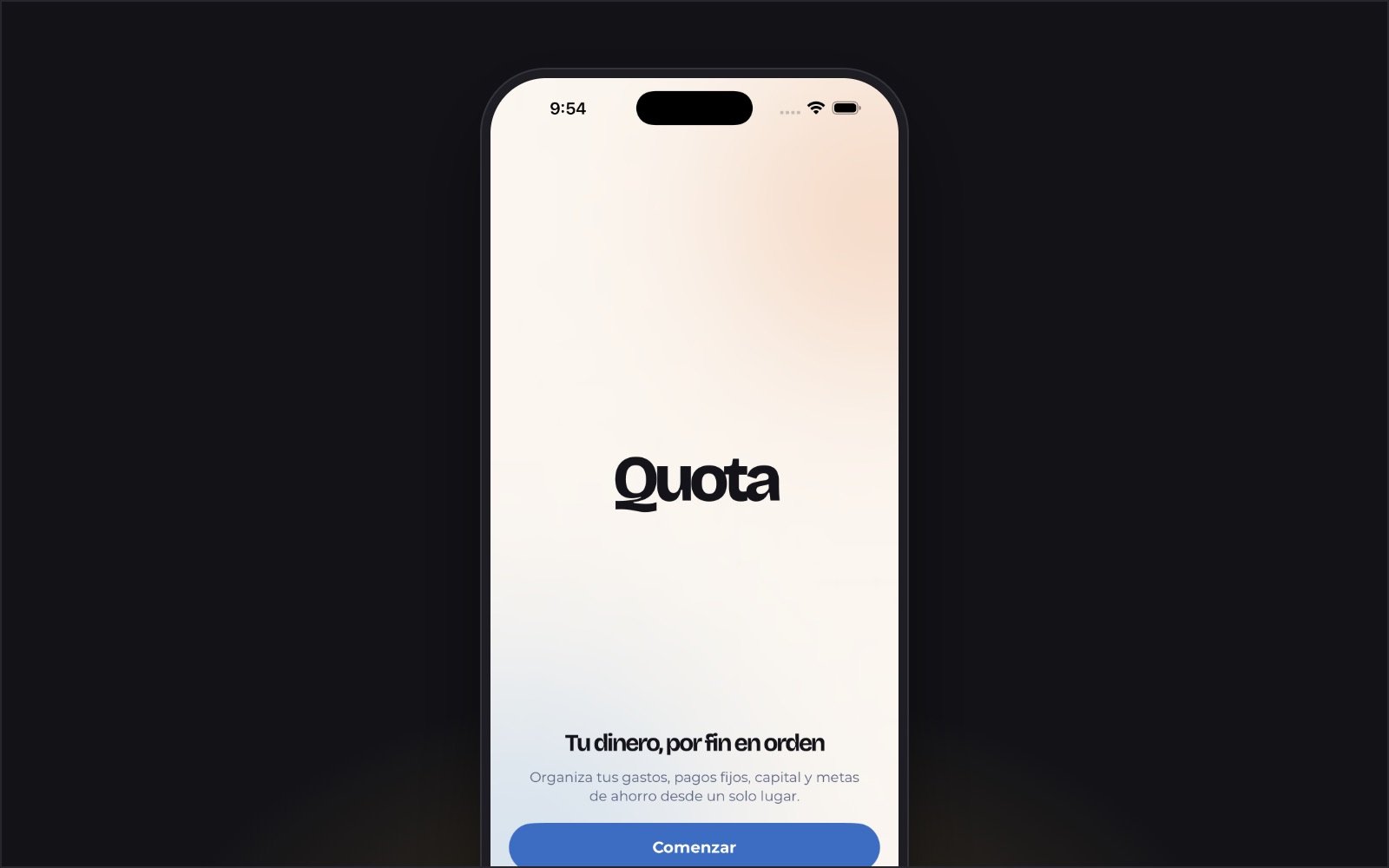 Pantalla de bienvenida de Quota en un iPhone