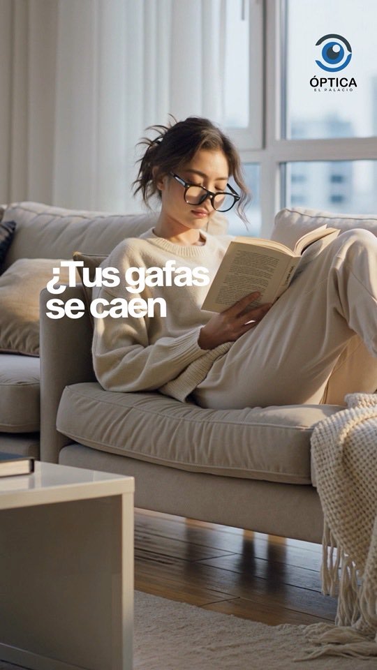 Mujer leyendo en un sofá con el texto ¿Tus gafas se caen?